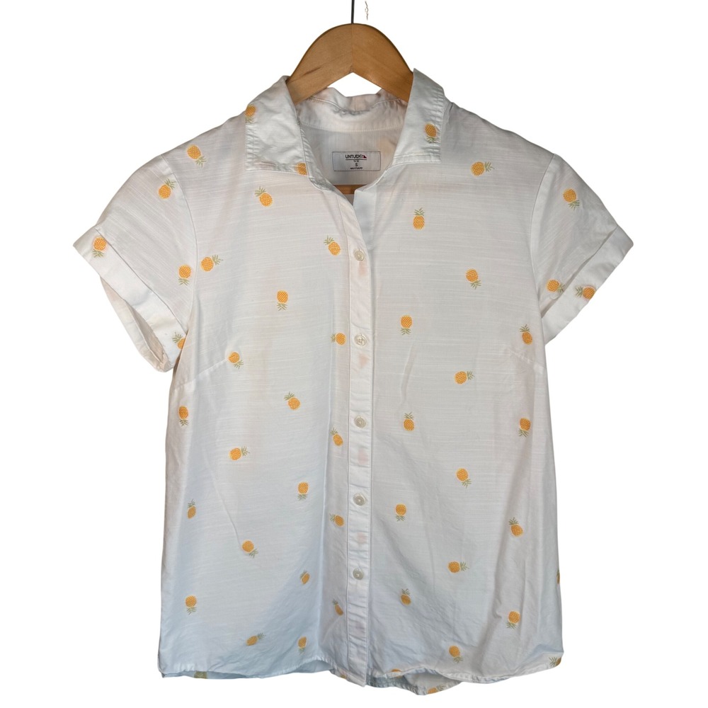 UNTUCKit Penny Pineapple Shirt Womens S White Embroidered Tropical Button Down